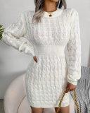 Women Long Sleeve Solid Color Crew Neck Sweater Dresses White Black Blue S-L