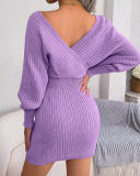 Women Solid Color Long Sleeve V Neck Bodycon Elegant Sweater Dresses Blue Green Black White Purple S-L