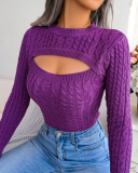 Women Long Sleeve Solid Color Hollow Out Sweater Purple Khaki Pink Rosy Green Black S-L
