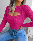 Women Long Sleeve Solid Color Hollow Out Sweater Purple Khaki Pink Rosy Green Black S-L