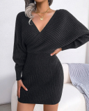 Women Solid Color Long Sleeve V Neck Bodycon Elegant Sweater Dresses Blue Green Black White Purple S-L