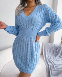 Women Solid Color V-neck Slim Mini Bodycon Sweater Dresses White Khaki Blue S-L