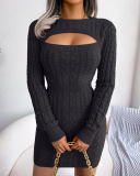 Women Hollow Out Crew Collar Elegant Sweater Dresses Khaki Wine Red Blue Purple Black S-L
