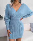 Women Solid Color Long Sleeve V Neck Bodycon Elegant Sweater Dresses Blue Green Black White Purple S-L