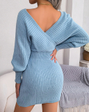 Women Solid Color Long Sleeve V Neck Bodycon Elegant Sweater Dresses Blue Green Black White Purple S-L