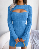 Women Hollow Out Crew Collar Elegant Sweater Dresses Khaki Wine Red Blue Purple Black S-L