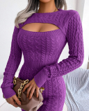 Women Hollow Out Crew Collar Elegant Sweater Dresses Khaki Wine Red Blue Purple Black S-L