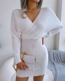 Women Solid Color Long Sleeve V Neck Bodycon Elegant Sweater Dresses Blue Green Black White Purple S-L