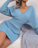Women Solid Color Long Sleeve V Neck Bodycon Elegant Sweater Dresses Blue Green Black White Purple S-L