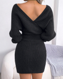 Women Solid Color Long Sleeve V Neck Bodycon Elegant Sweater Dresses Blue Green Black White Purple S-L