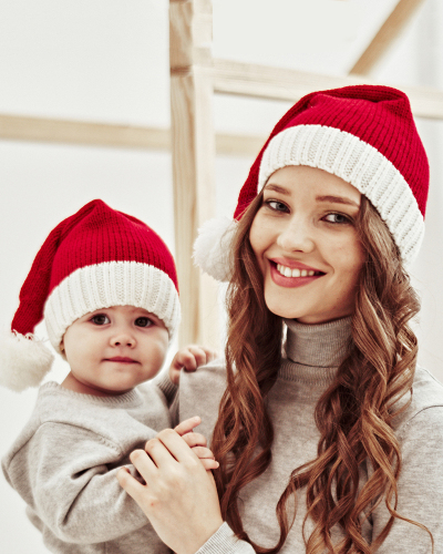Winter Ball Mother Baby Knitted Christmas Hat Red Mom& Baby