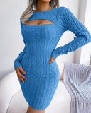 Women Hollow Out Crew Collar Elegant Sweater Dresses Khaki Wine Red Blue Purple Black S-L