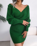 Women Solid Color Long Sleeve V Neck Bodycon Elegant Sweater Dresses Blue Green Black White Purple S-L