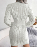 Women Solid Color V-neck Slim Mini Bodycon Sweater Dresses White Khaki Blue S-L