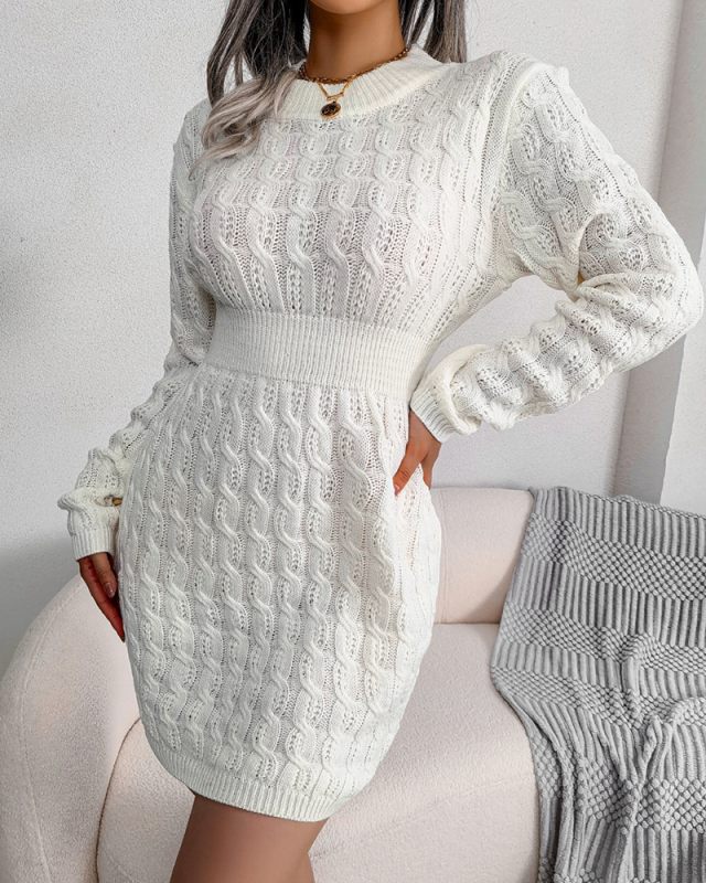 Women Long Sleeve Solid Color Crew Neck Sweater Dresses White Black Blue S-L