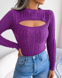 Women Long Sleeve Solid Color Hollow Out Sweater Purple Khaki Pink Rosy Green Black S-L