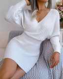 Women Solid Color Long Sleeve V Neck Bodycon Elegant Sweater Dresses Blue Green Black White Purple S-L