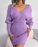Women Solid Color Long Sleeve V Neck Bodycon Elegant Sweater Dresses Blue Green Black White Purple S-L