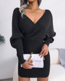 Women Solid Color Long Sleeve V Neck Bodycon Elegant Sweater Dresses Blue Green Black White Purple S-L