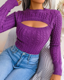 Women Long Sleeve Solid Color Hollow Out Sweater Purple Khaki Pink Rosy Green Black S-L