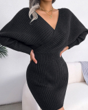 Women Solid Color Long Sleeve V Neck Bodycon Elegant Sweater Dresses Blue Green Black White Purple S-L