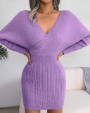 Women Solid Color Long Sleeve V Neck Bodycon Elegant Sweater Dresses Blue Green Black White Purple S-L