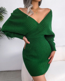 Women Solid Color Long Sleeve V Neck Bodycon Elegant Sweater Dresses Blue Green Black White Purple S-L