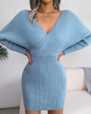 Women Solid Color Long Sleeve V Neck Bodycon Elegant Sweater Dresses Blue Green Black White Purple S-L