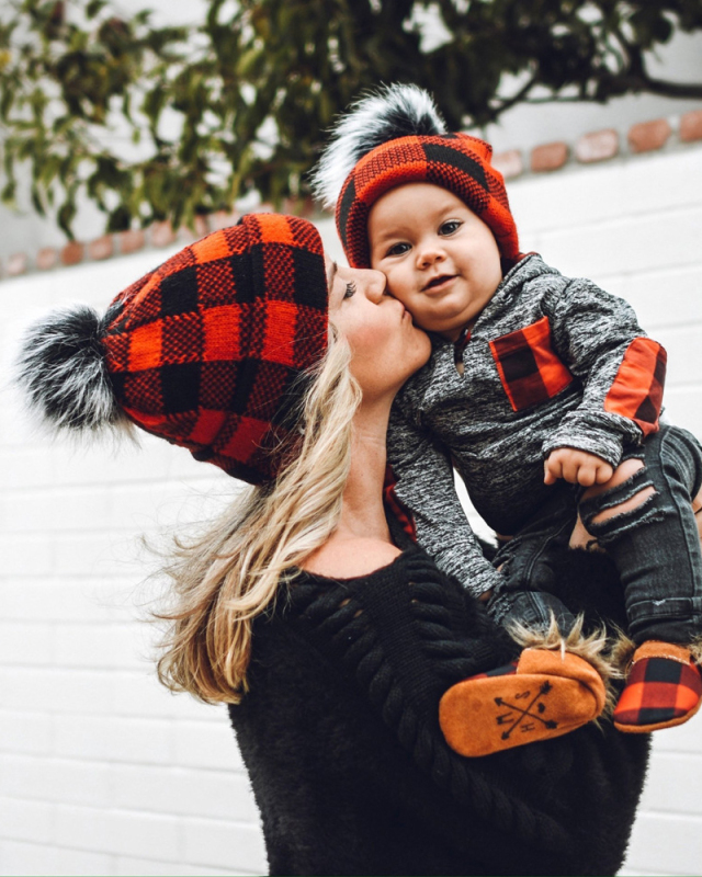 Winter Familar Mom& Kids Black Red Grid Knit Warm Hat Red Adult Kids