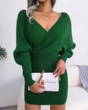 Women Solid Color Long Sleeve V Neck Bodycon Elegant Sweater Dresses Blue Green Black White Purple S-L