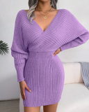Women Solid Color Long Sleeve V Neck Bodycon Elegant Sweater Dresses Blue Green Black White Purple S-L