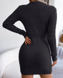 Women Hollow Out Crew Collar Elegant Sweater Dresses Khaki Wine Red Blue Purple Black S-L