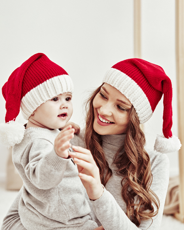 Winter Ball Mother Baby Knitted Christmas Hat Red Mom& Baby