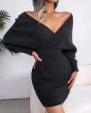 Women Solid Color Long Sleeve V Neck Bodycon Elegant Sweater Dresses Blue Green Black White Purple S-L