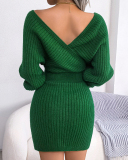 Women Solid Color Long Sleeve V Neck Bodycon Elegant Sweater Dresses Blue Green Black White Purple S-L