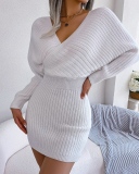 Women Solid Color Long Sleeve V Neck Bodycon Elegant Sweater Dresses Blue Green Black White Purple S-L
