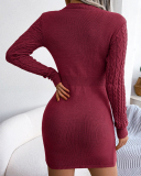 Women Hollow Out Crew Collar Elegant Sweater Dresses Khaki Wine Red Blue Purple Black S-L