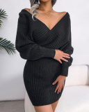 Women Solid Color Long Sleeve V Neck Bodycon Elegant Sweater Dresses Blue Green Black White Purple S-L