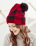 Mom& Kids Red White Grid Christmas Knit Hairball Hats