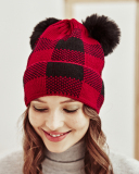 Mom& Kids Red White Grid Christmas Knit Hairball Hats