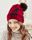 Mom& Kids Red White Grid Christmas Knit Hairball Hats