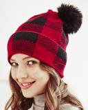 Mom& Kids Red White Grid Christmas Knit Hairball Hats