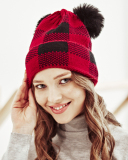 Mom& Kids Red White Grid Christmas Knit Hairball Hats
