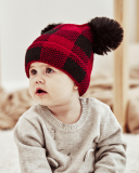 Mom& Kids Red White Grid Christmas Knit Hairball Hats