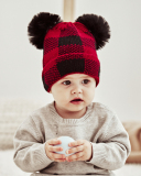 Mom& Kids Red White Grid Christmas Knit Hairball Hats