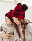 Mom& Kids Red White Grid Christmas Knit Hairball Hats