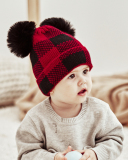 Mom& Kids Red White Grid Christmas Knit Hairball Hats
