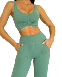 Women Ruched Bra Pocket Gym Active Wear Yoga Two-piece Sets S-L