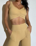 Women Ruched Bra Pocket Gym Active Wear Yoga Two-piece Sets S-L