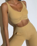 Women Ruched Bra Pocket Gym Active Wear Yoga Two-piece Sets S-L